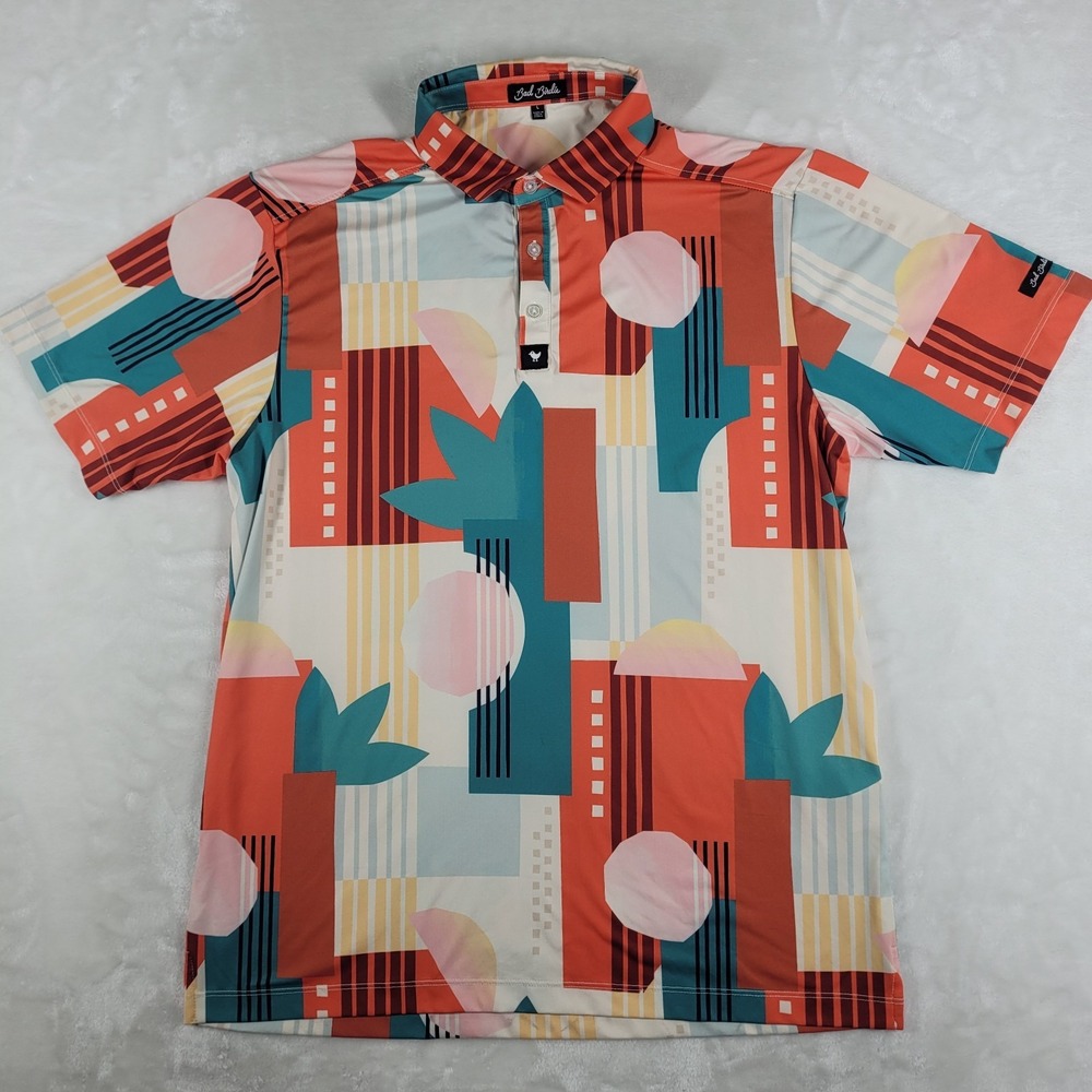 Bad Birdie Short Sleeve Polo Shirt‎ Men's Large Multicolor Geometric Performance